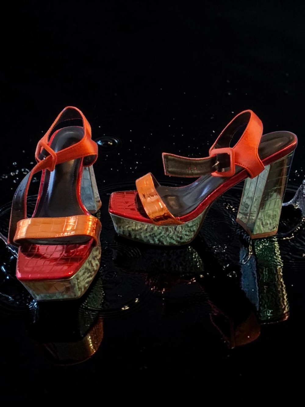 Rebellious Rose Orange and Red Platform Block Heel Sandals Womens Shoes Size 39